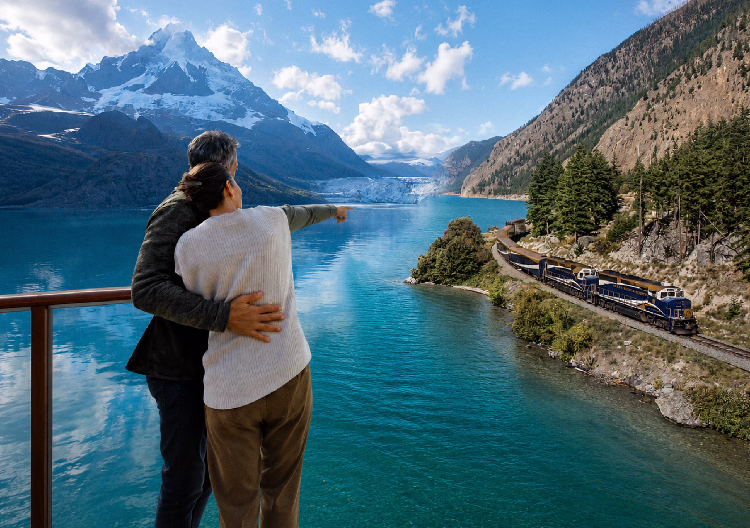 Couple on cruise ship overlooking glaciers and mountains with a turquoise lake and train in the background